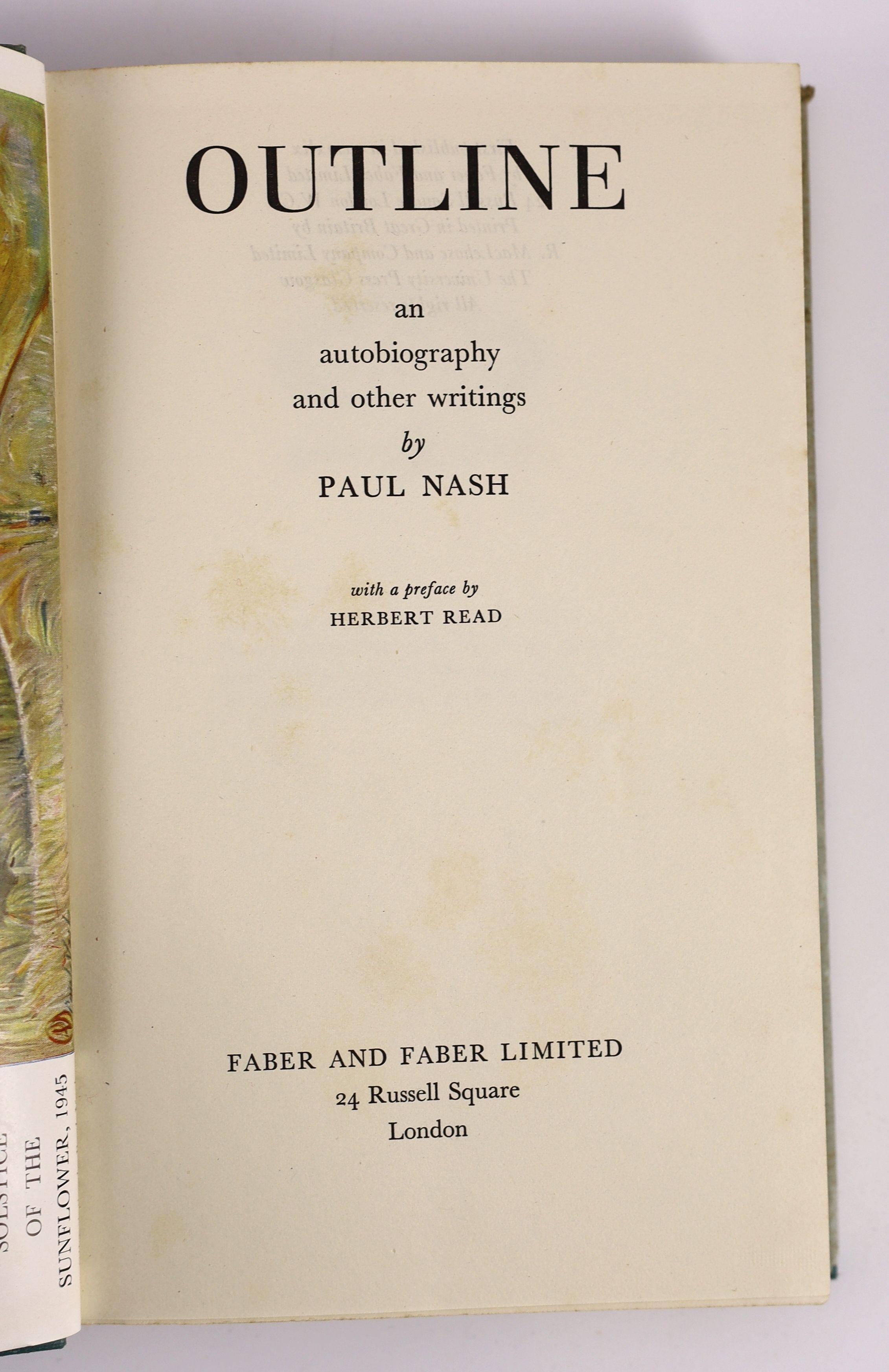 Nash, Paul - Outline. 1st ed. Complete with 3 plates, 2 being coloured, and numerous full page text illus. Publishers cloth with Letters direct on upper and spine and original illustrated d/j. 8vo Faber and Faber Limited